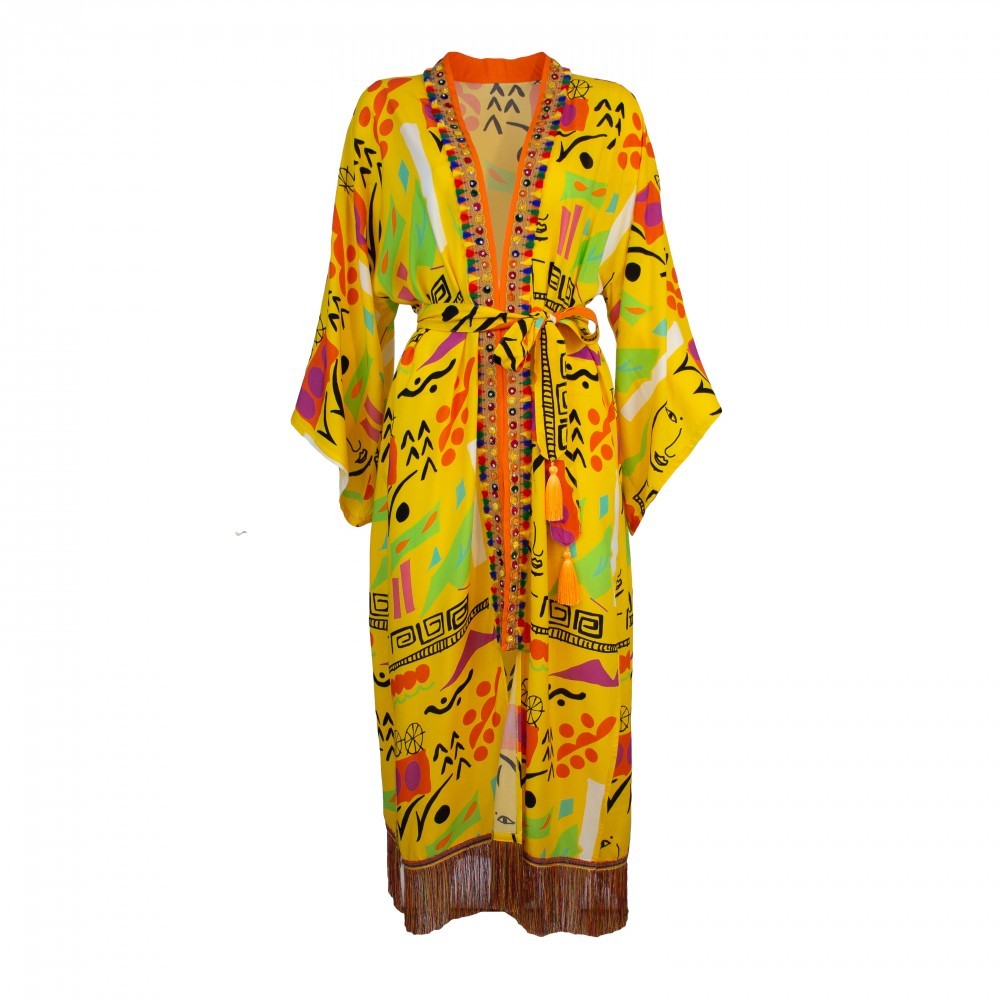 Yellow Viscose Kimono with Embroidery Border