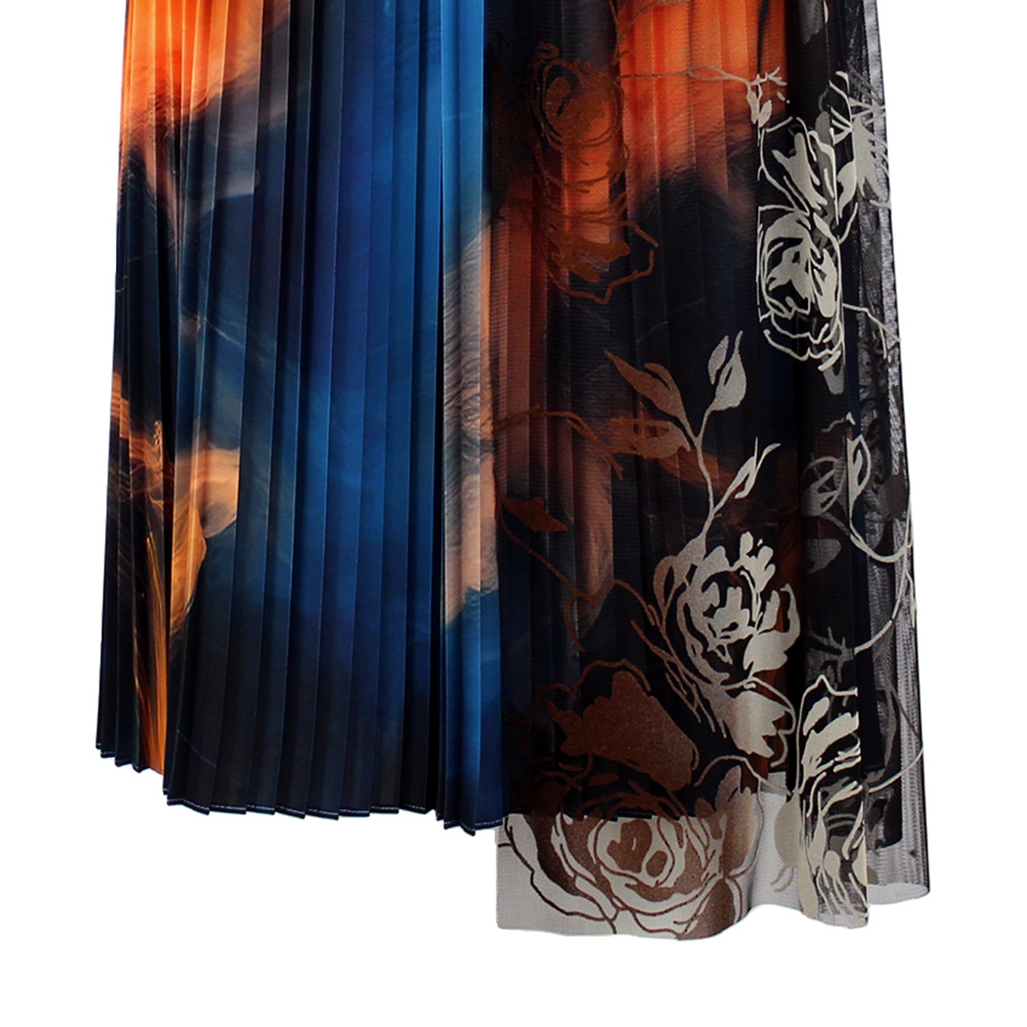 Pleated Midi Skirt with Asymmetric Floral Flock Tulle Overlay