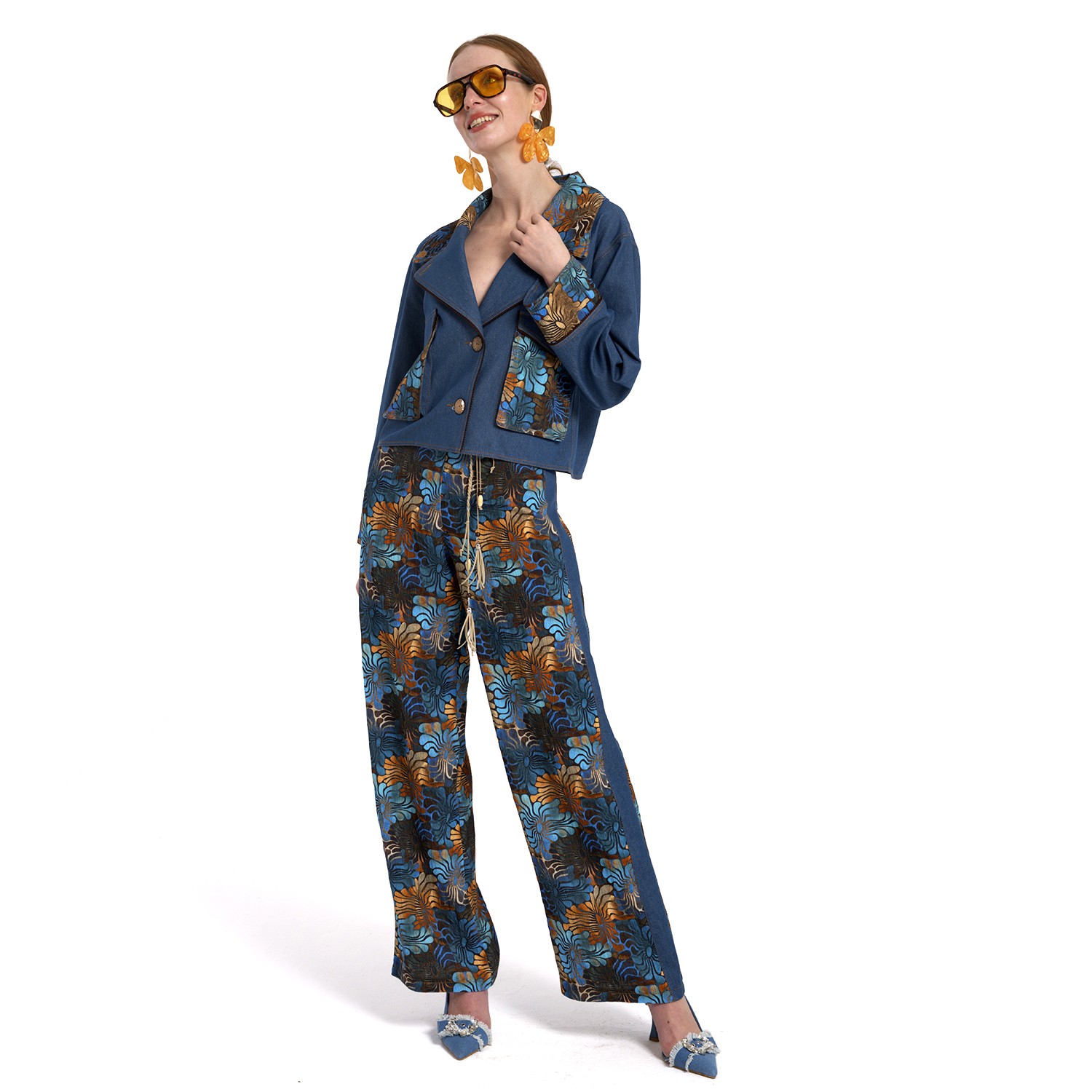 Floral Print Indigo Wide-Leg Pants