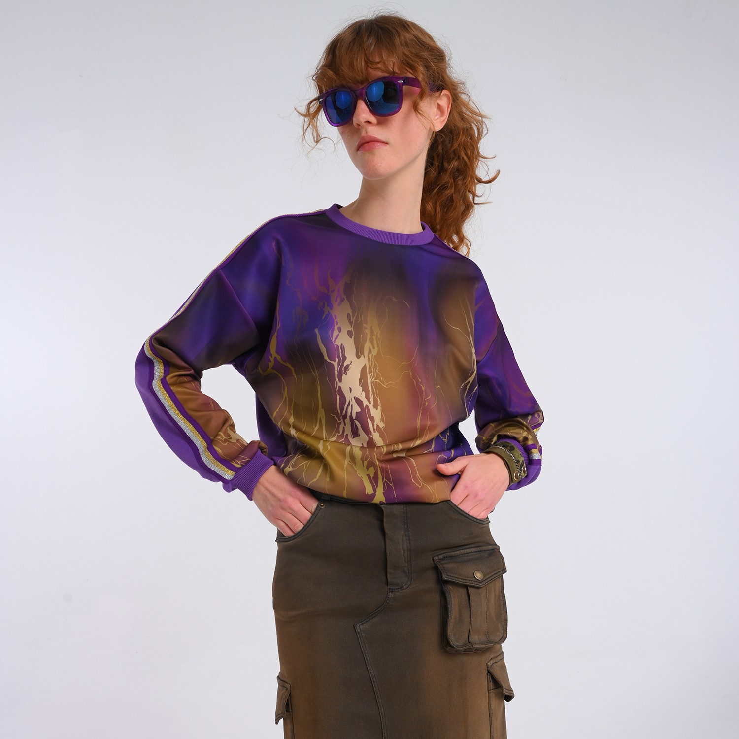 Abstract Print & Purple Paneled Sweatshirt