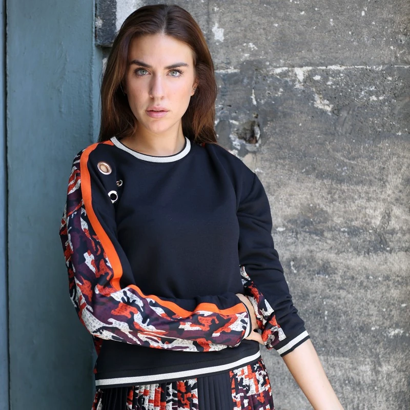 Black Sweatshirt With Eyelet Details & Camo Digital Print