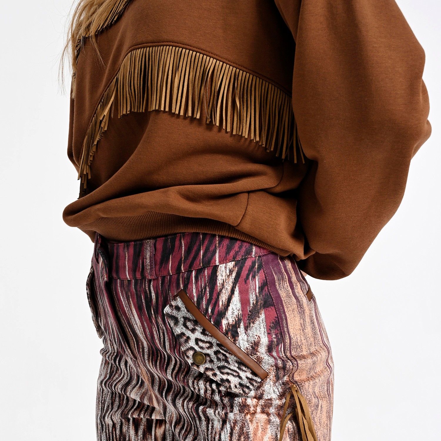 Straight-Leg Pants with Animal Print and Fringe Details