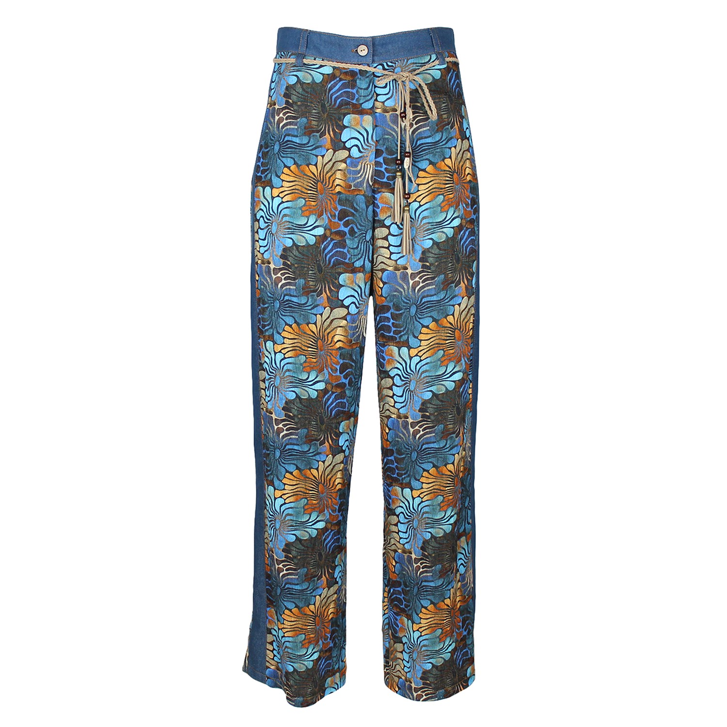 Floral Print Indigo Wide-Leg Pants