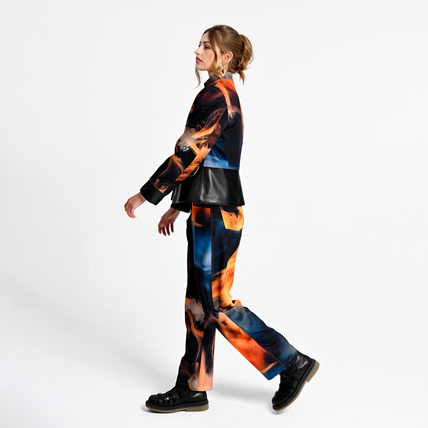 Cropped Jacket with Vegan Leather Trim and Digital Flame Print