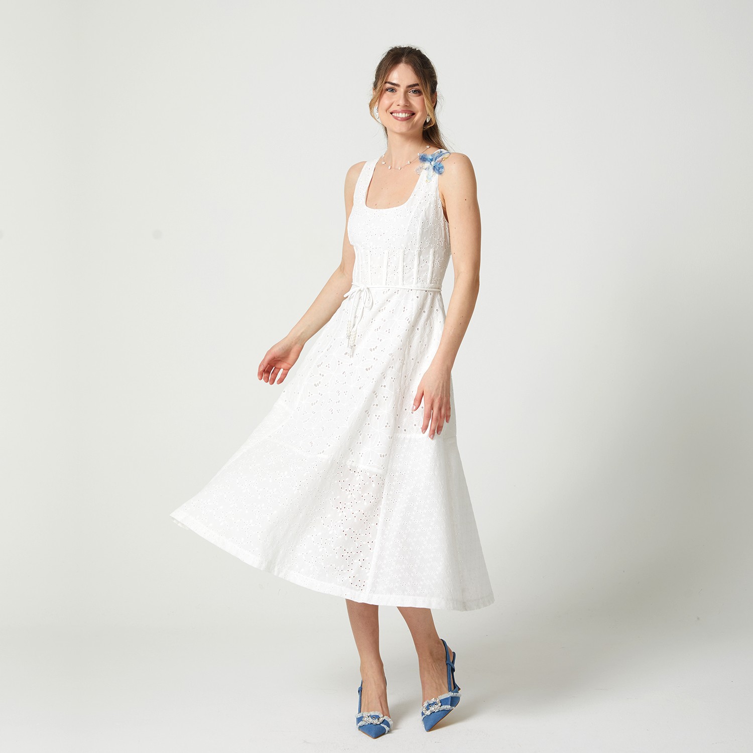 Scoop Neckline Broderie Anglaise Cotton Dress