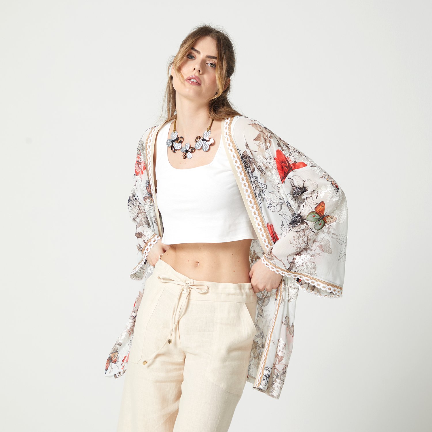 Floral Print Embroidered Chiffon Kimono