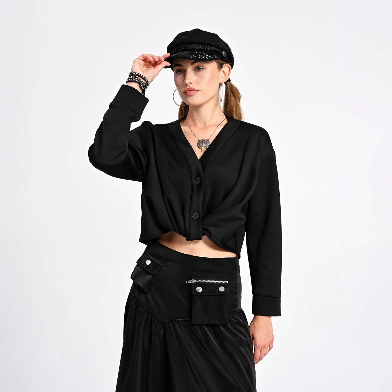 Black Cropped Shirt With Draped Front Detail