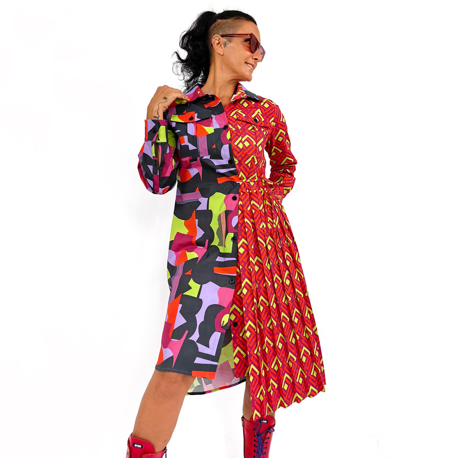 Geometric Color Block Cotton Shirt Dress