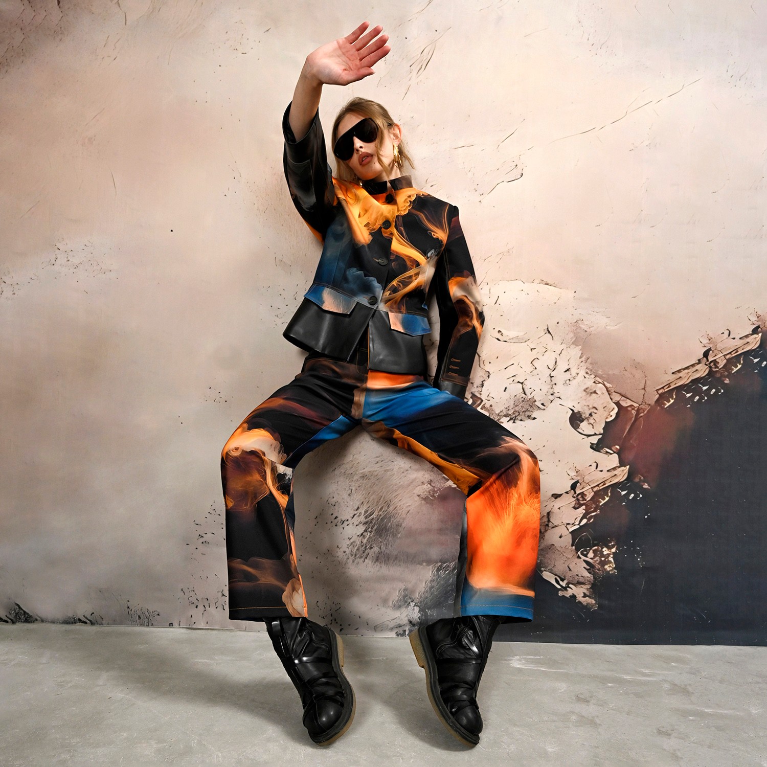 Wide-Leg Pants with Vegan Leather Waist and Digital Flame Print