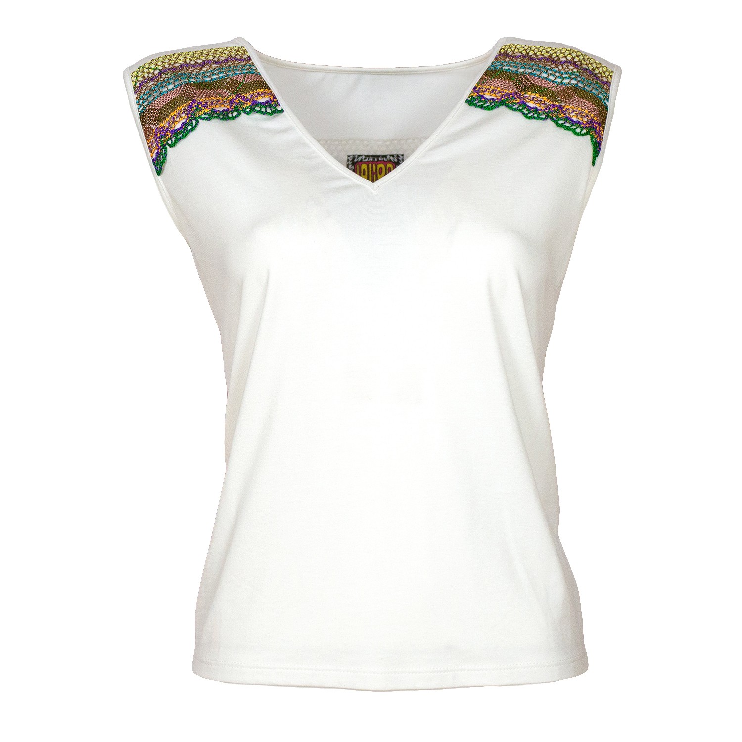 Sleeveless Blouse With Colorful Accessories On The Yoke
