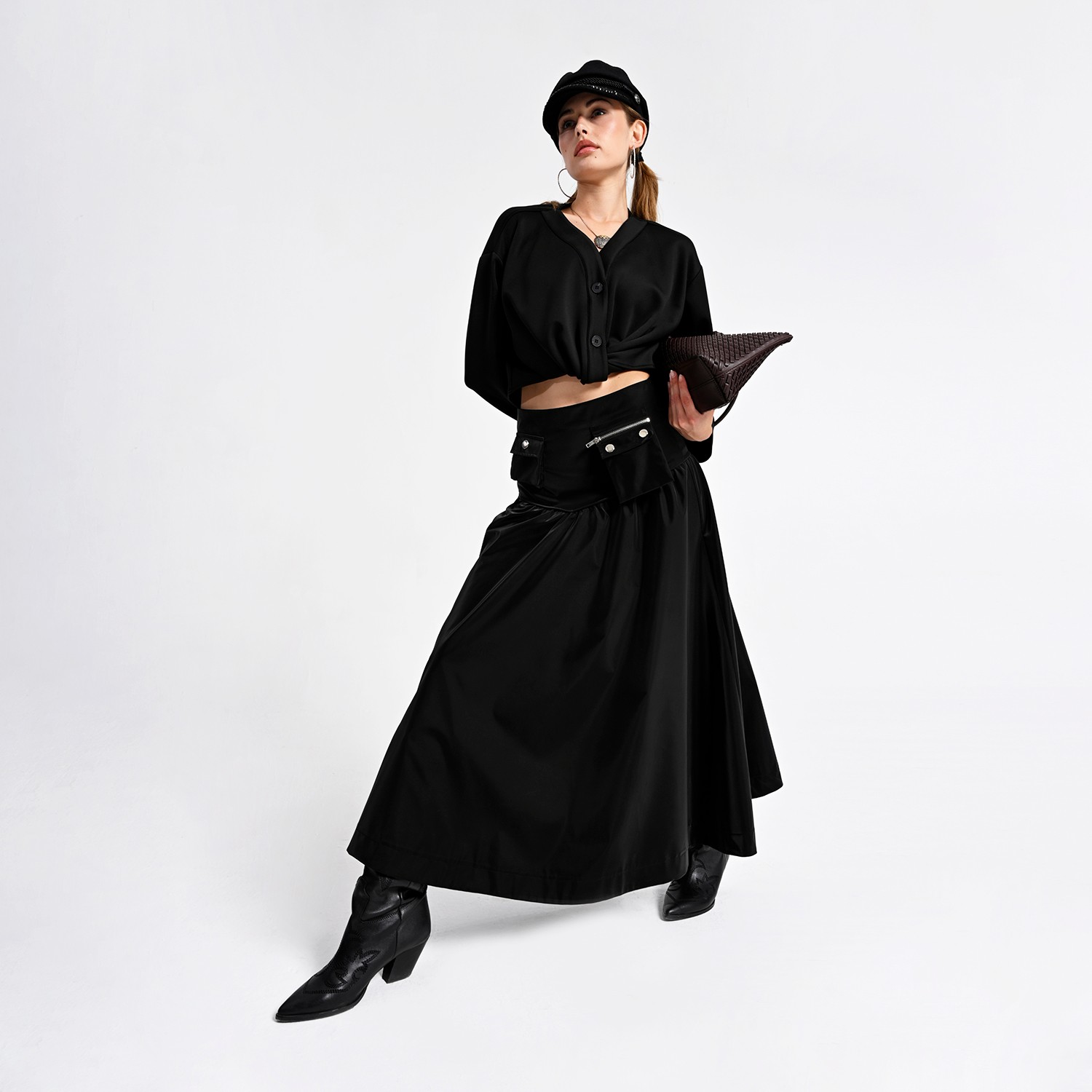Black Cropped Shirt With Draped Front Detail