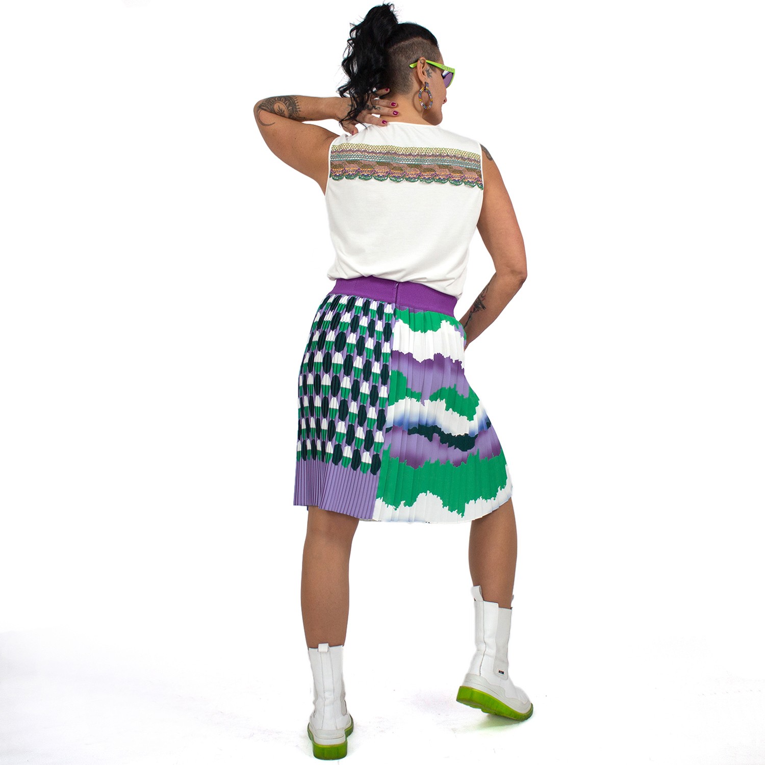 Knee-Length Pleated Skirt With Wavey & Polka Dot Print