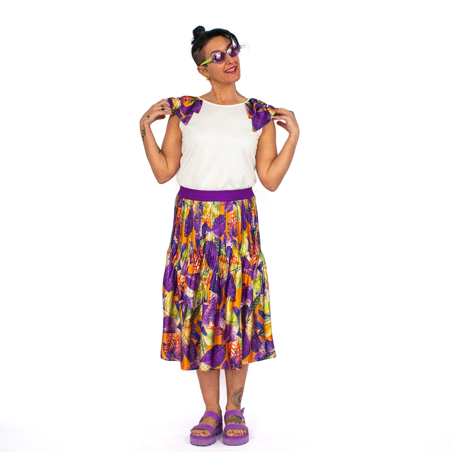 Recycled Polyester Printed Satin Midi Pleated Skirt