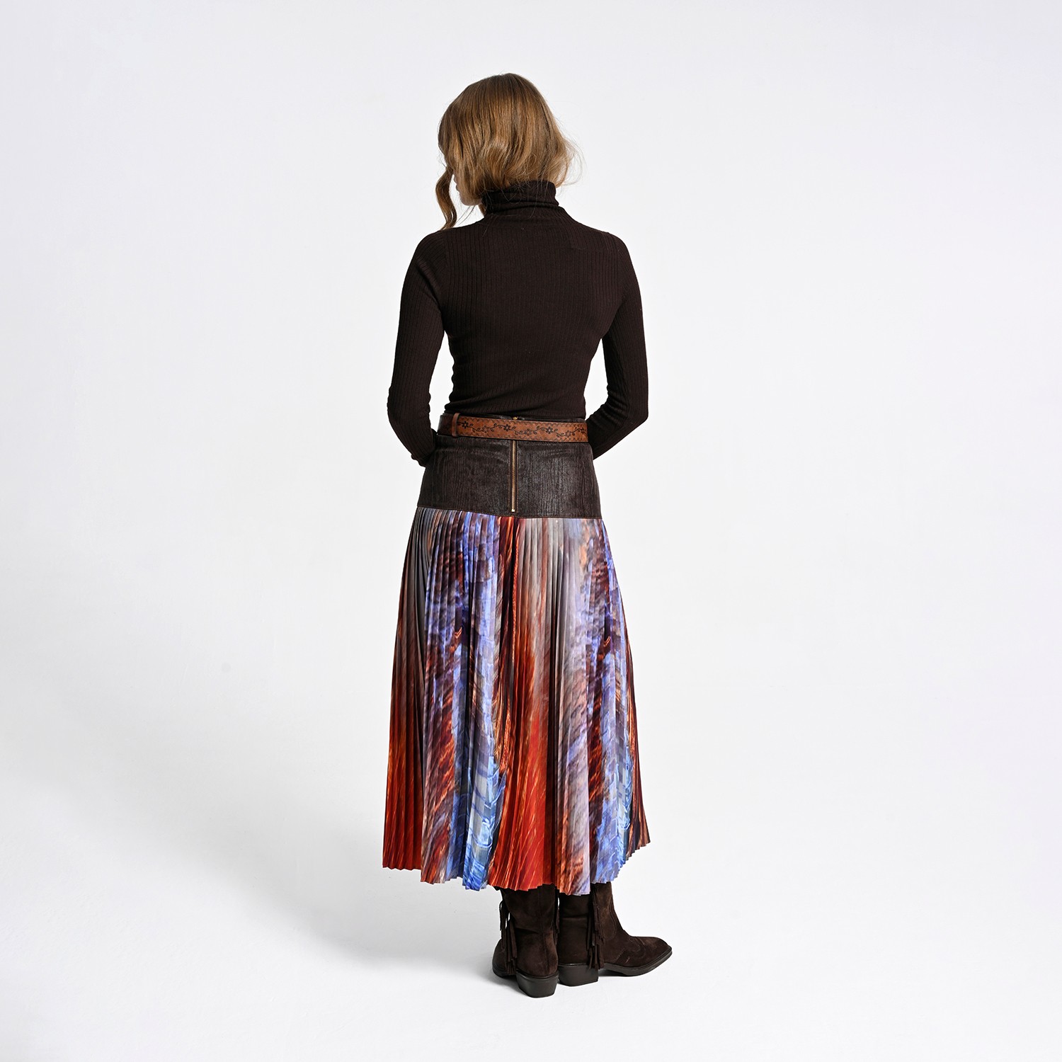Pleated Midi Skirt With Wood-Textured Suede Feel Vegan Leather Waist