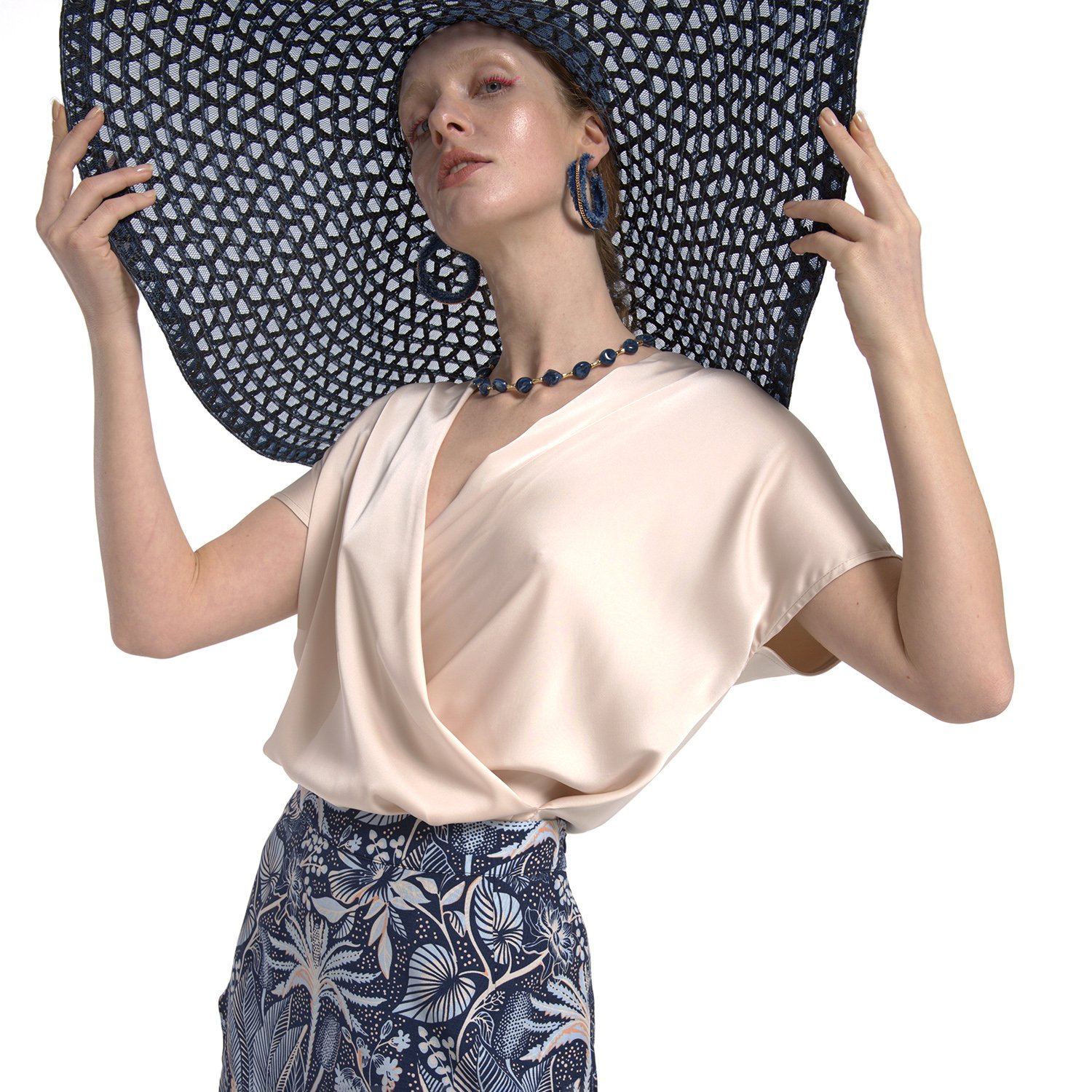 Draped Silky Touch Satin Double-Breasted Blouse With Knitted Back