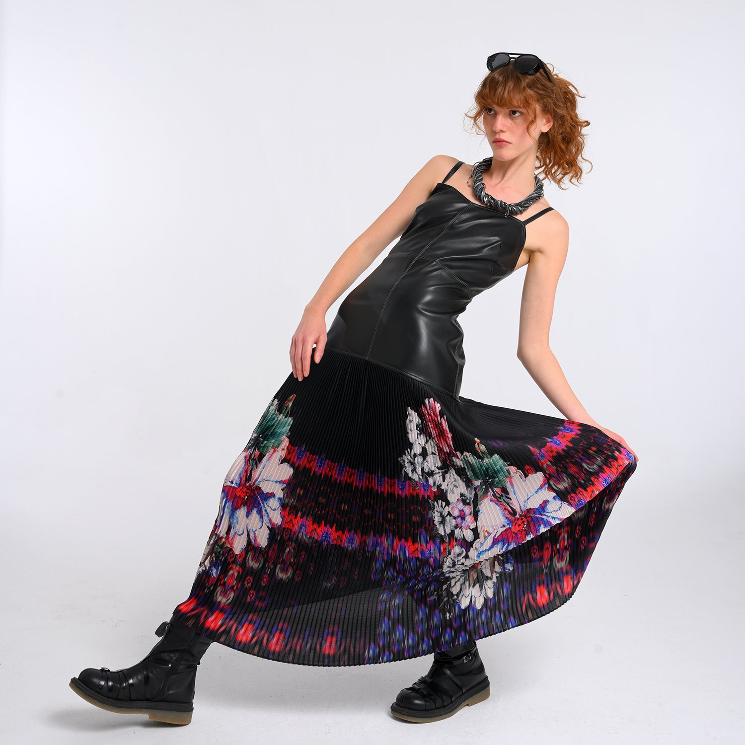 Vegan Leather Maxi Dress With Pleated Skirt