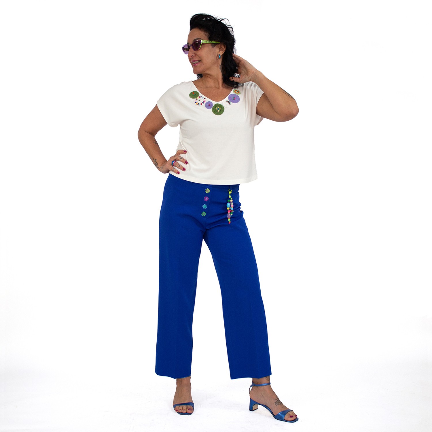 White Blouse With Hand-Embroidered Details On The Neckline