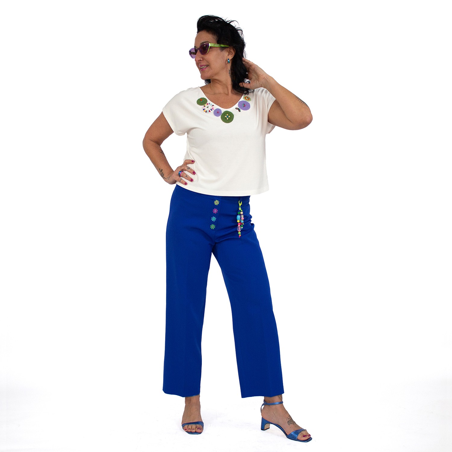 Flower Embroidered Cropped Sax Pants