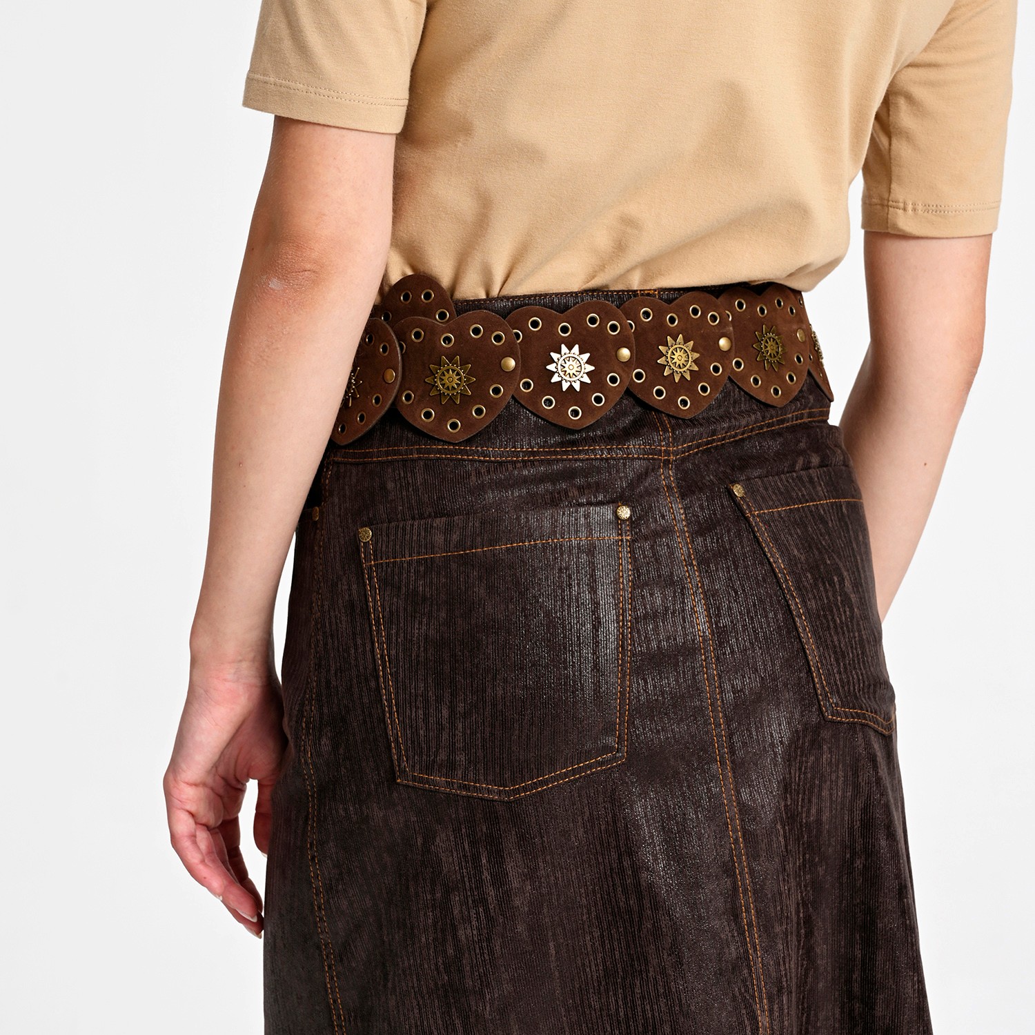 Ruffled Front Vegan Leather Midi Skirt