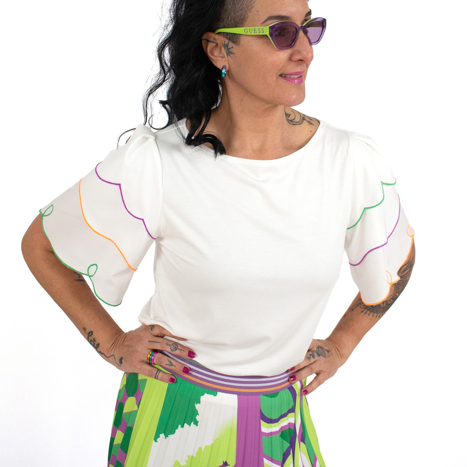 White Blouse With Laser-Cut Colorful Embroidered Sleeves