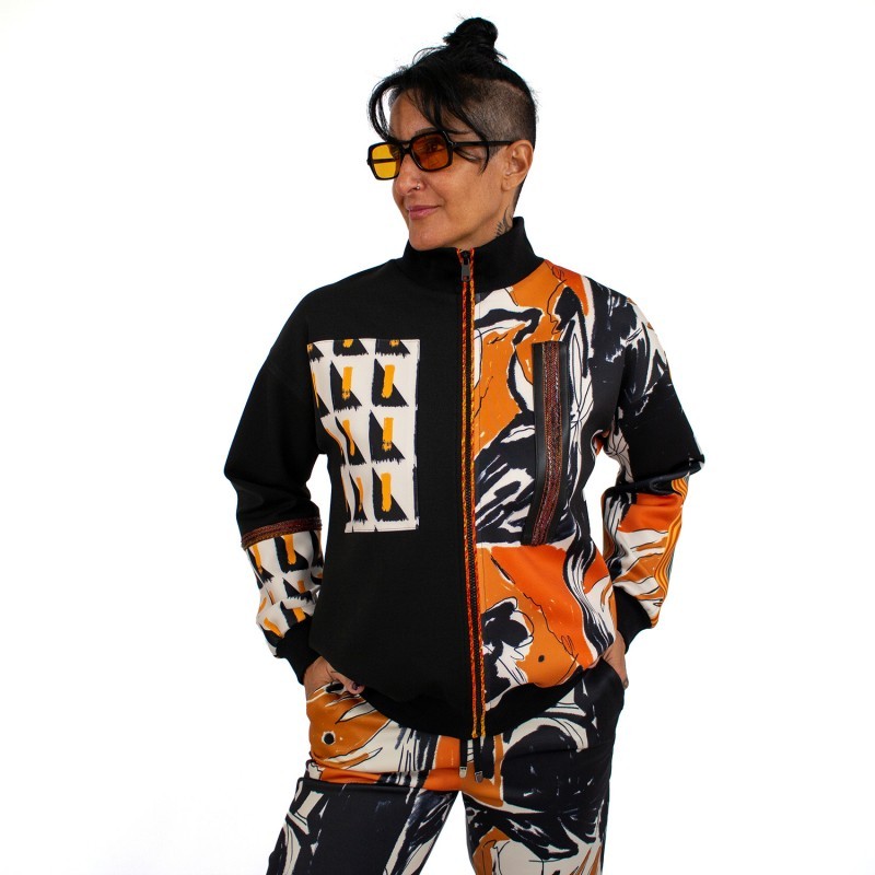 Patchwork Digital Print & Black Knitted Bomber Jacket