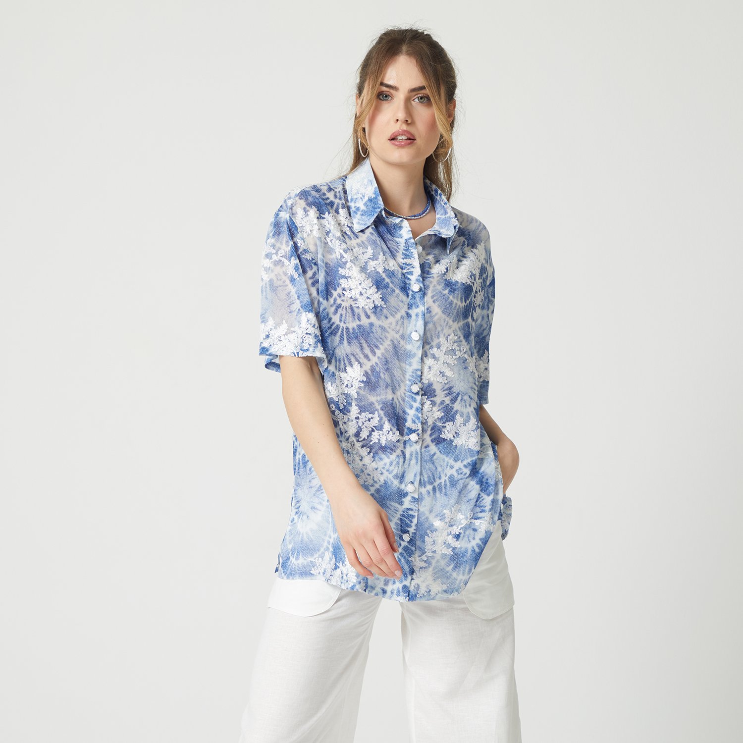 Chiffon Shirt With Tie-Dye Denim Effect Print And Embroidery Details