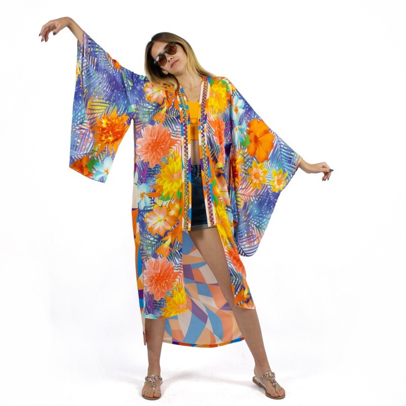 Viscose Kimono with Embroidery & Fringe Details