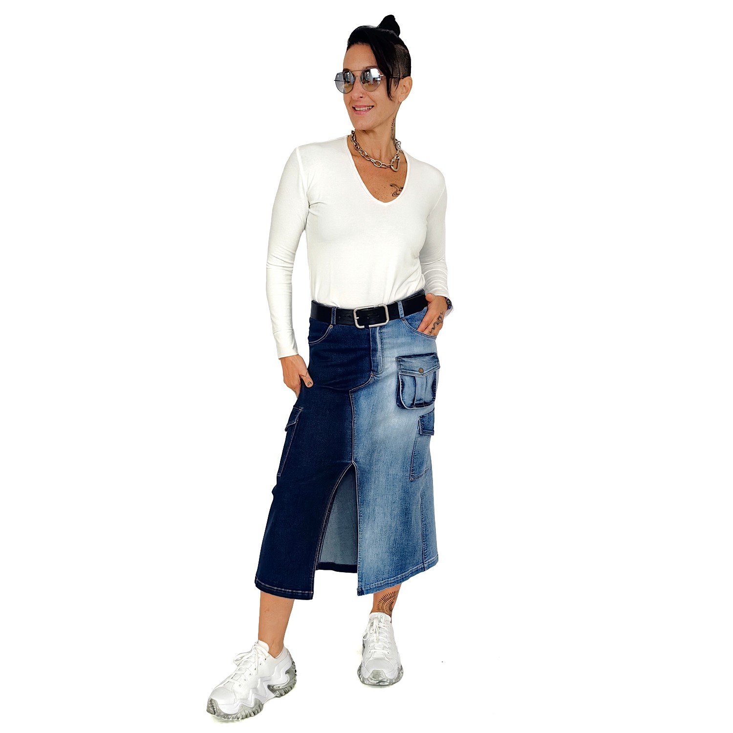 A Line Cargo Pocket Midi Denim Skirt