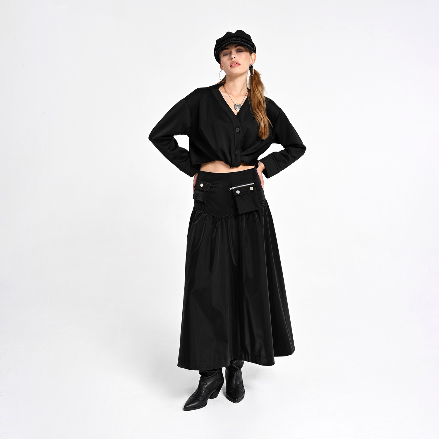 Black Cropped Shirt With Draped Front Detail