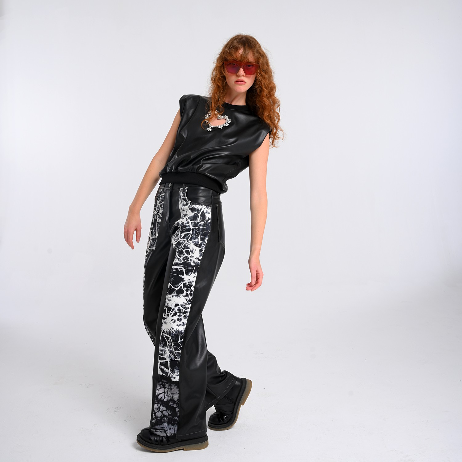 Black Vegan Leather Blouse With Faux Crystal Embellished Laser Cut-Out Heart