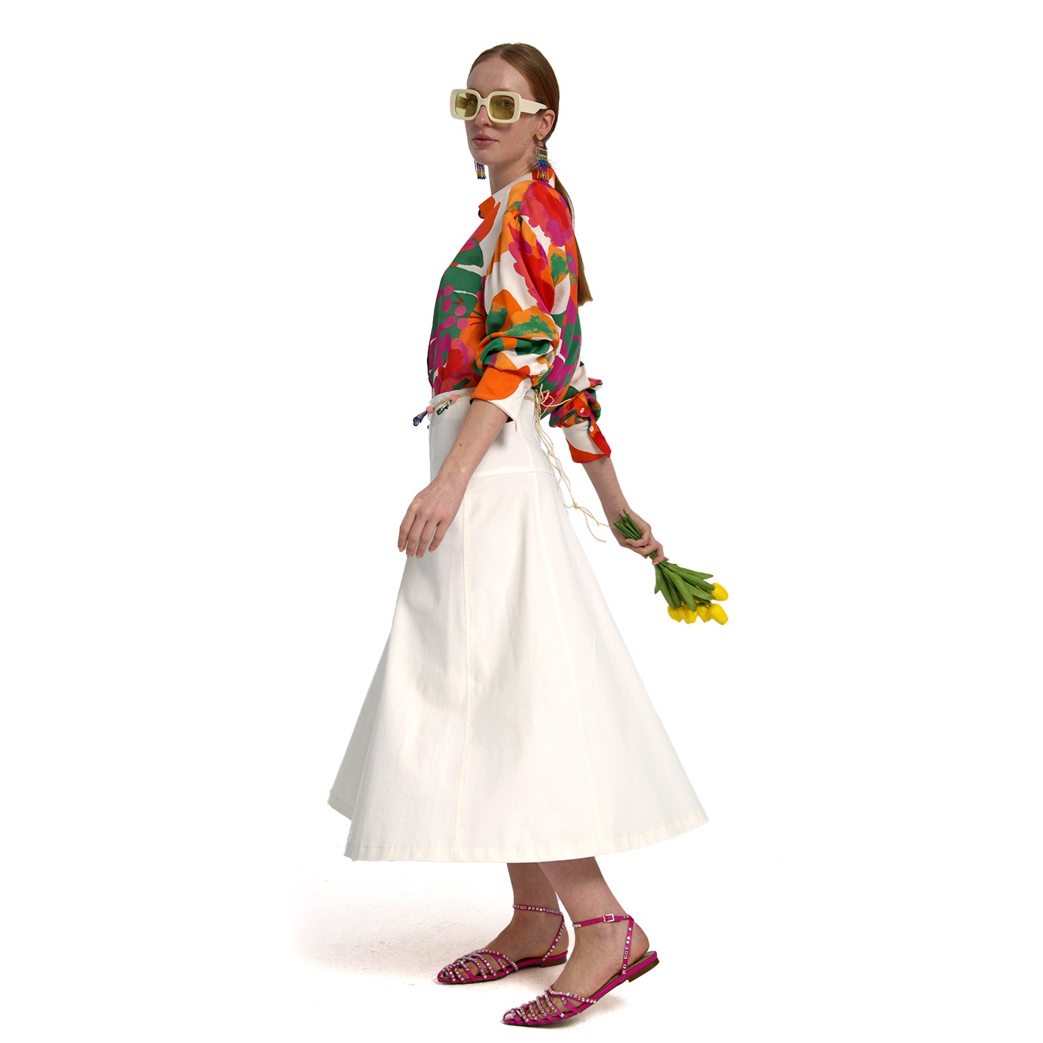 A-Line Midi White Cotton Skirt