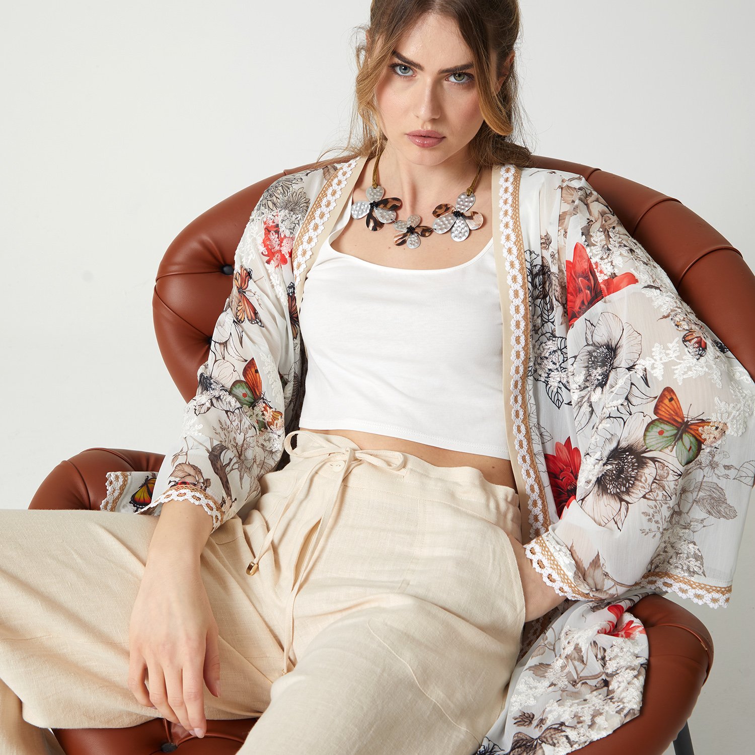 Floral Print Embroidered Chiffon Kimono