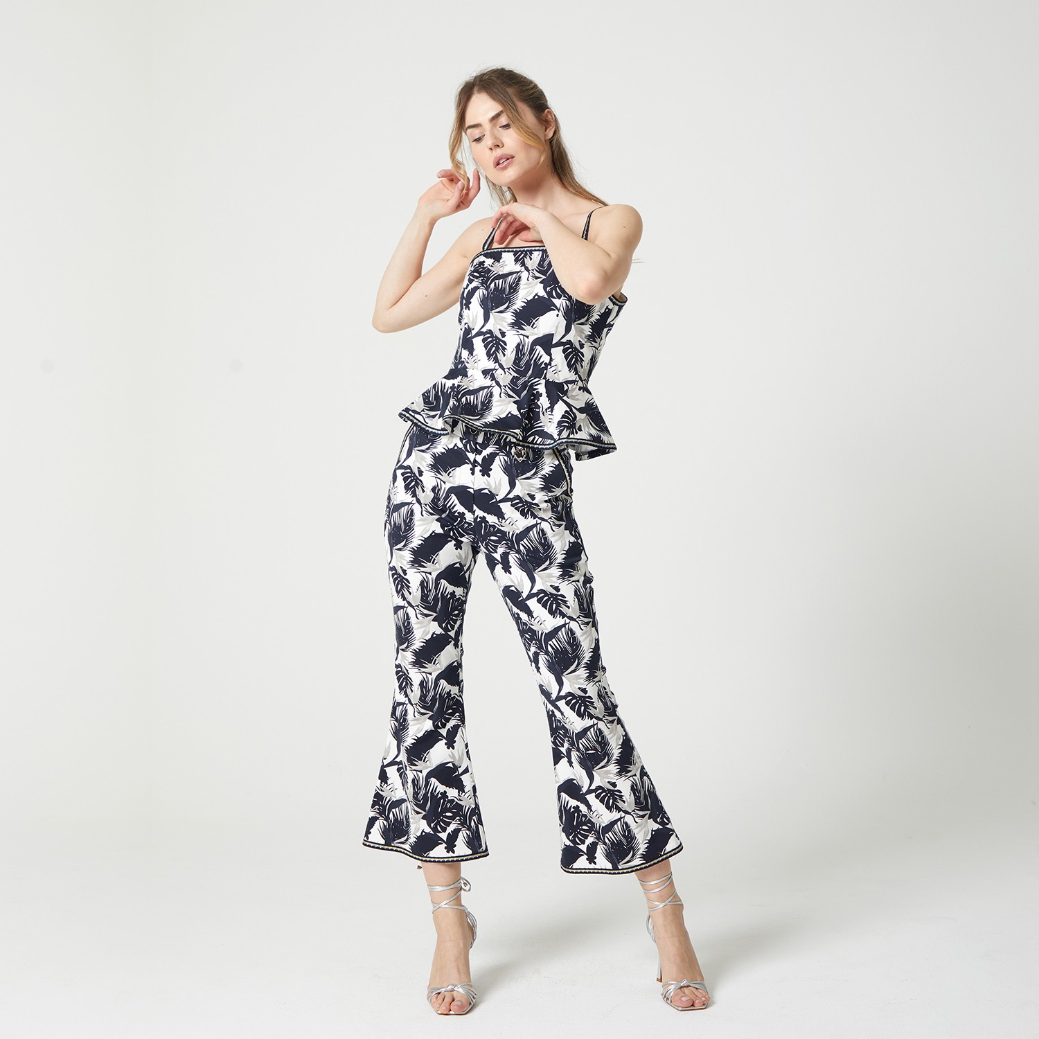 Palm Leaves Design Printed Peplum-Hem Bustier Top
