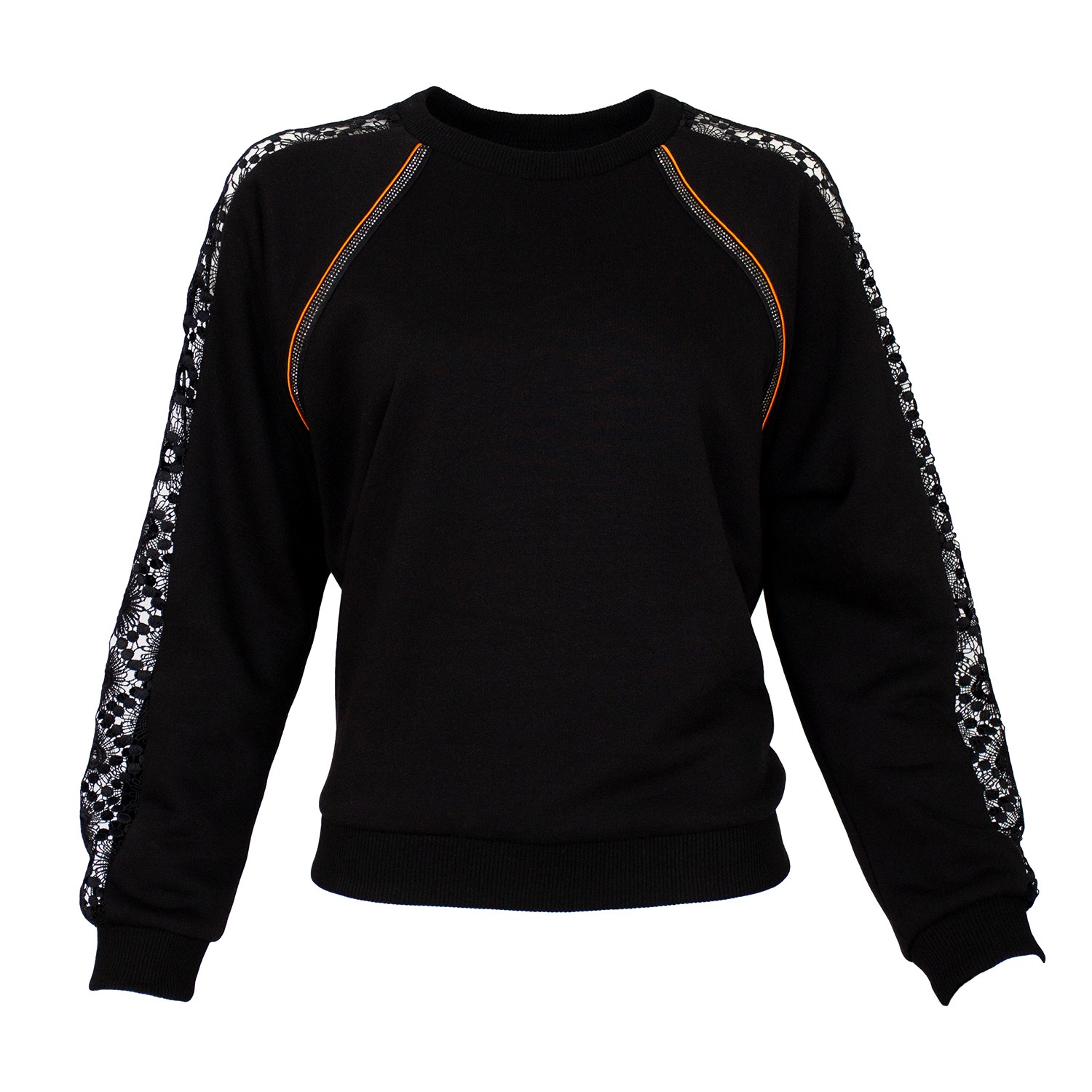 Black Sweatshirt With Guipure Lace Raglan Sleeves