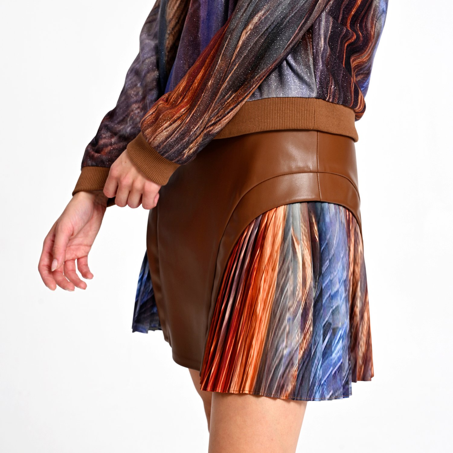 Mini Skirt With Pleated Digital Print Inserts And Vegan Leather Panels