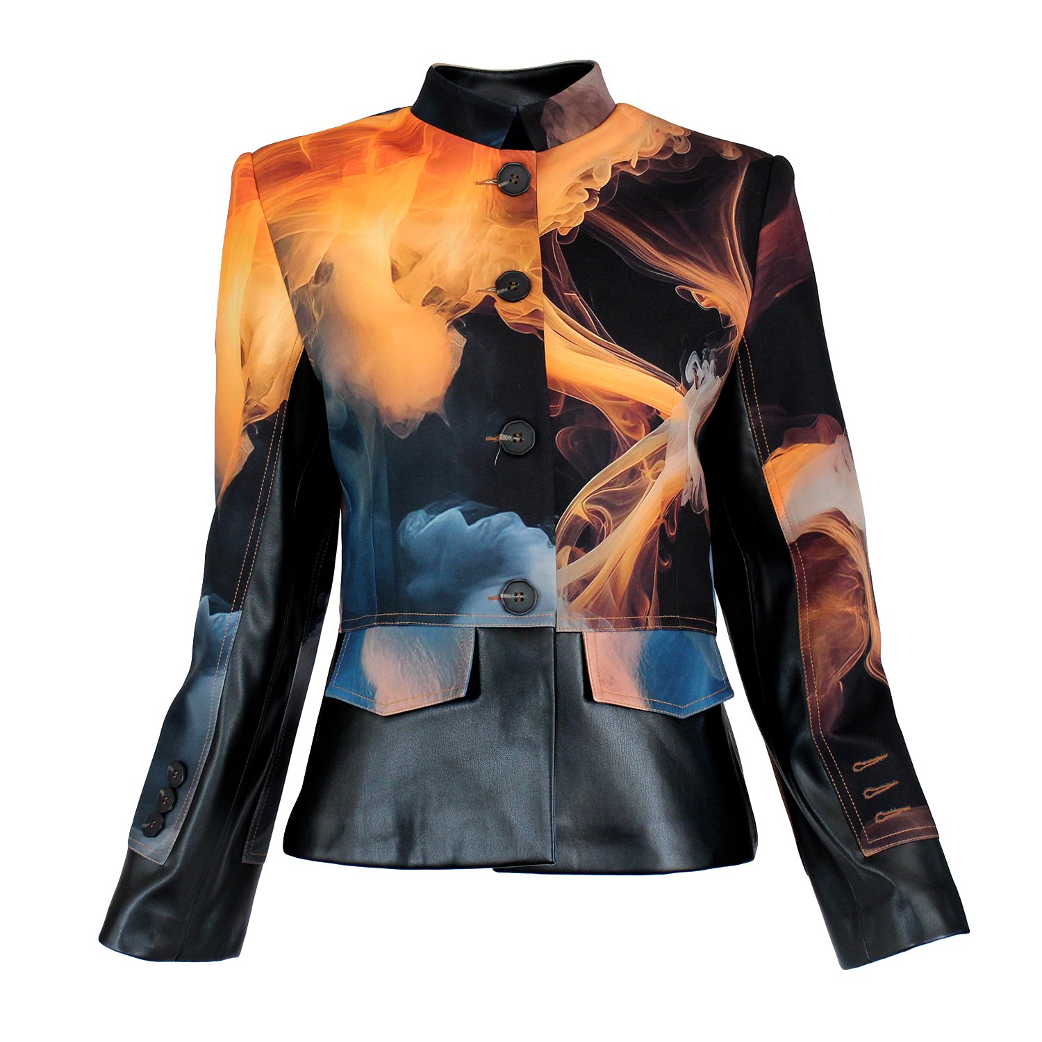 Cropped Jacket with Vegan Leather Trim and Digital Flame Print