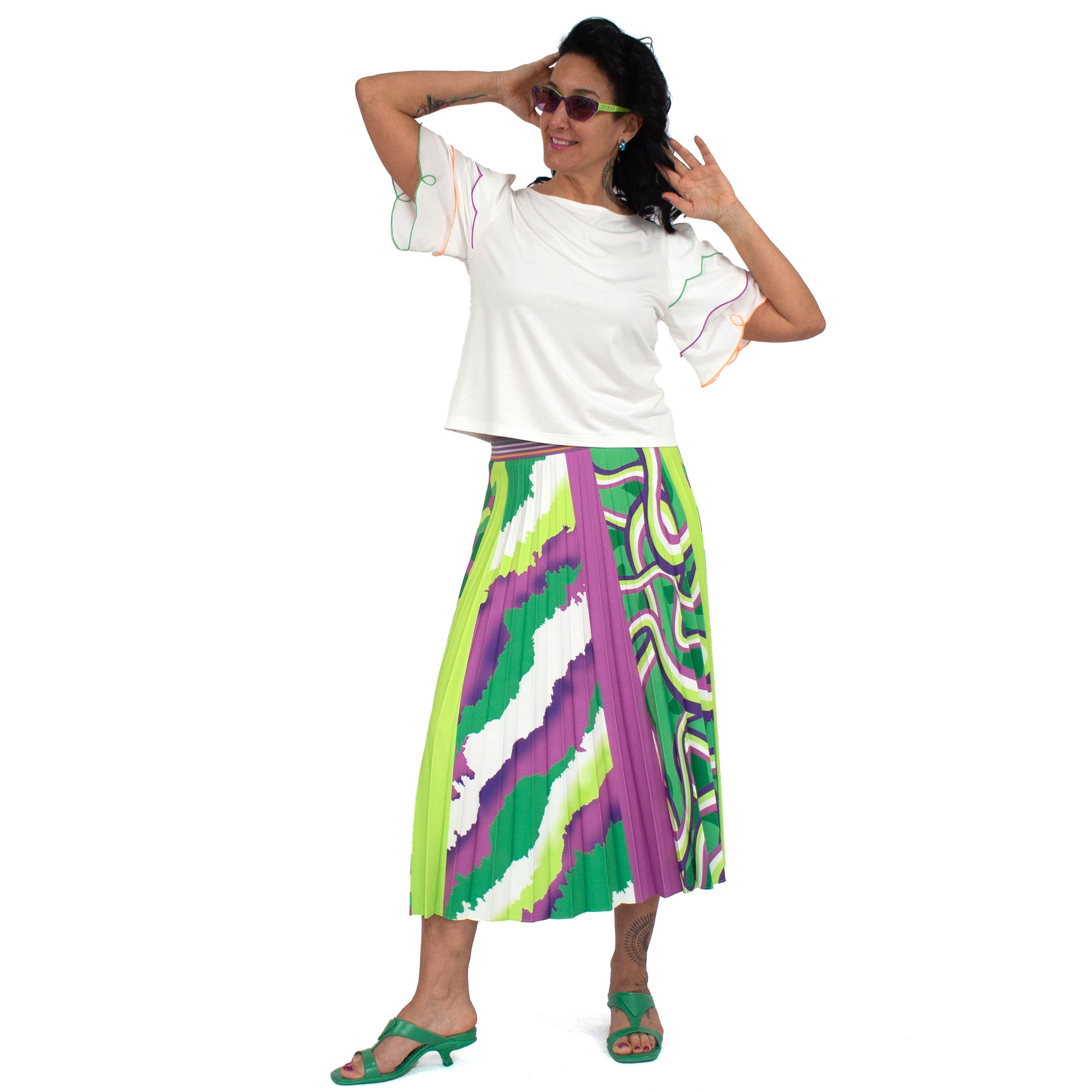 White Blouse With Laser-Cut Colorful Embroidered Sleeves