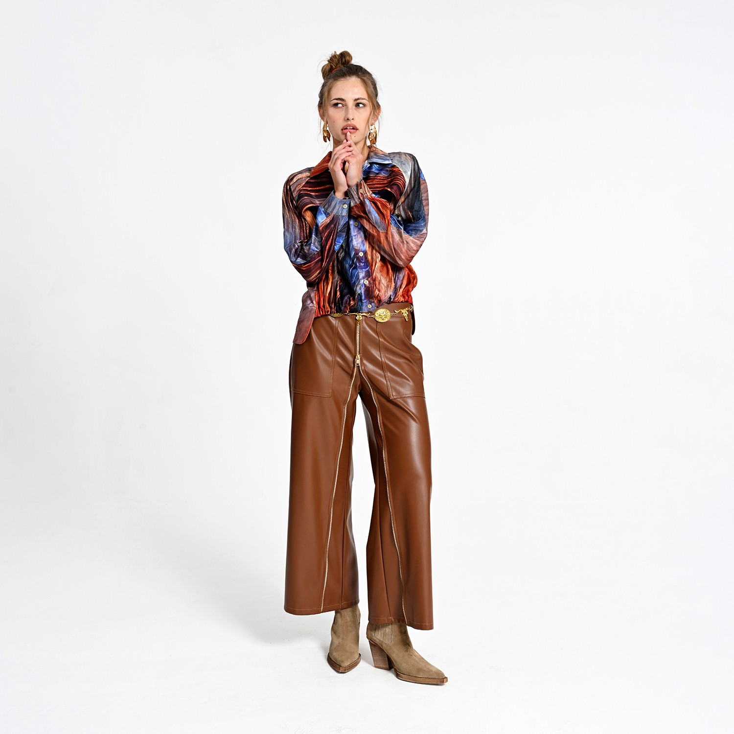 Wide-Leg Vegan Leather Pants With Front Zipper Detail