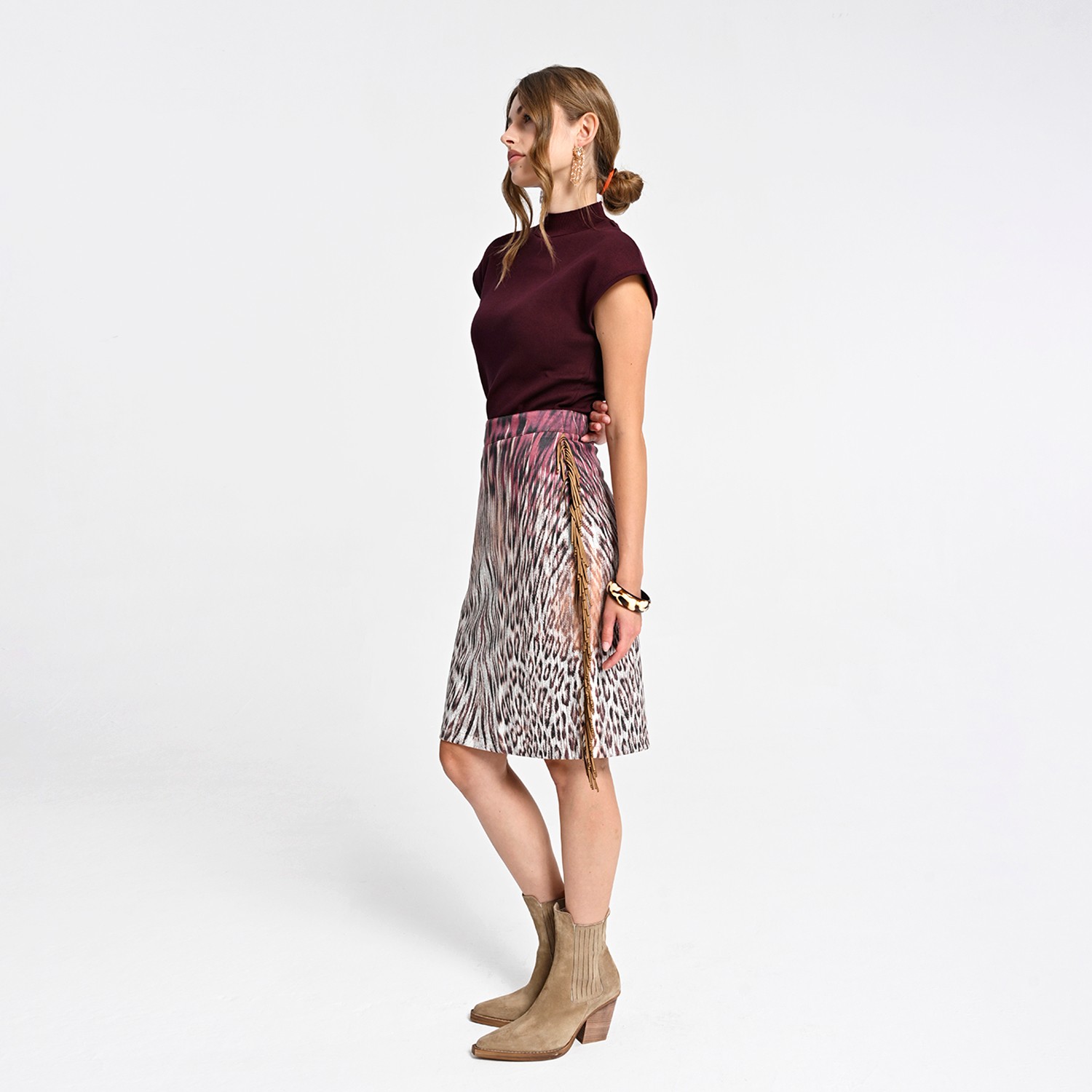 Pencil Skirt with Animal Print and Fringe Details