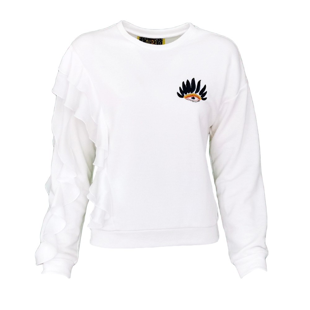 White Sweatshirt With Ruffle Detail & Eye Embroidery