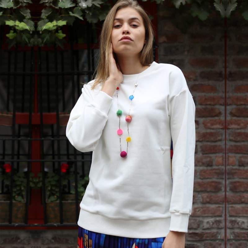 White Cotton Sweatshirt With House Pattern Print On The Back