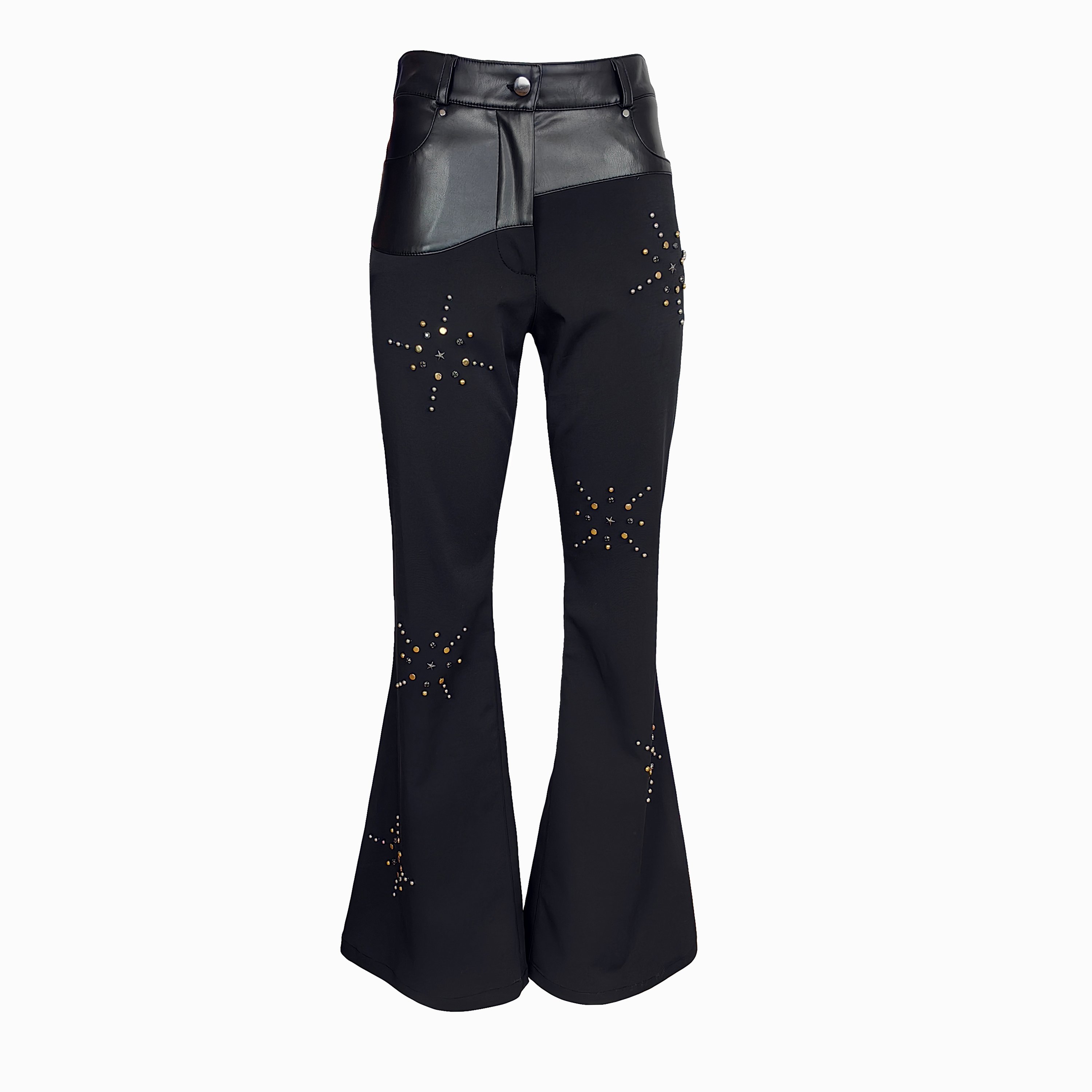 Vegan Leather Detailed Trim Flared Black Pants With Stud Embellished Stars