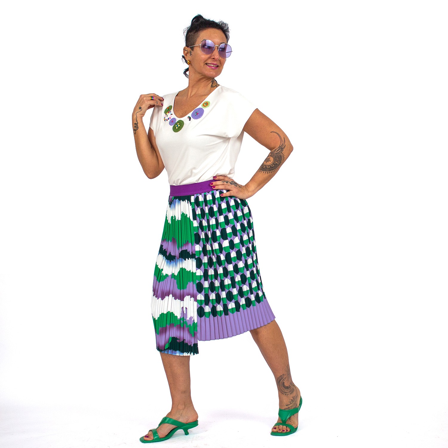 Asymmetric Midi Pleated Skirt With Wavey & Polka Dot Print