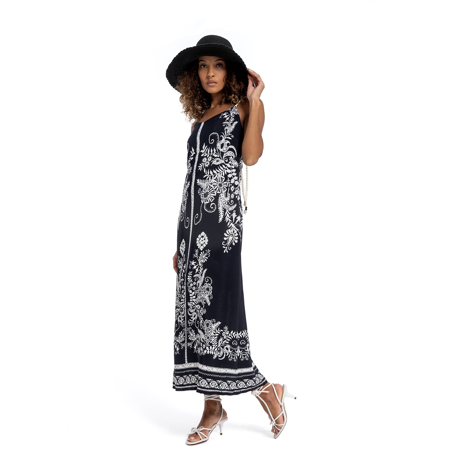 Black And White Floral Tapestry Midi Dress