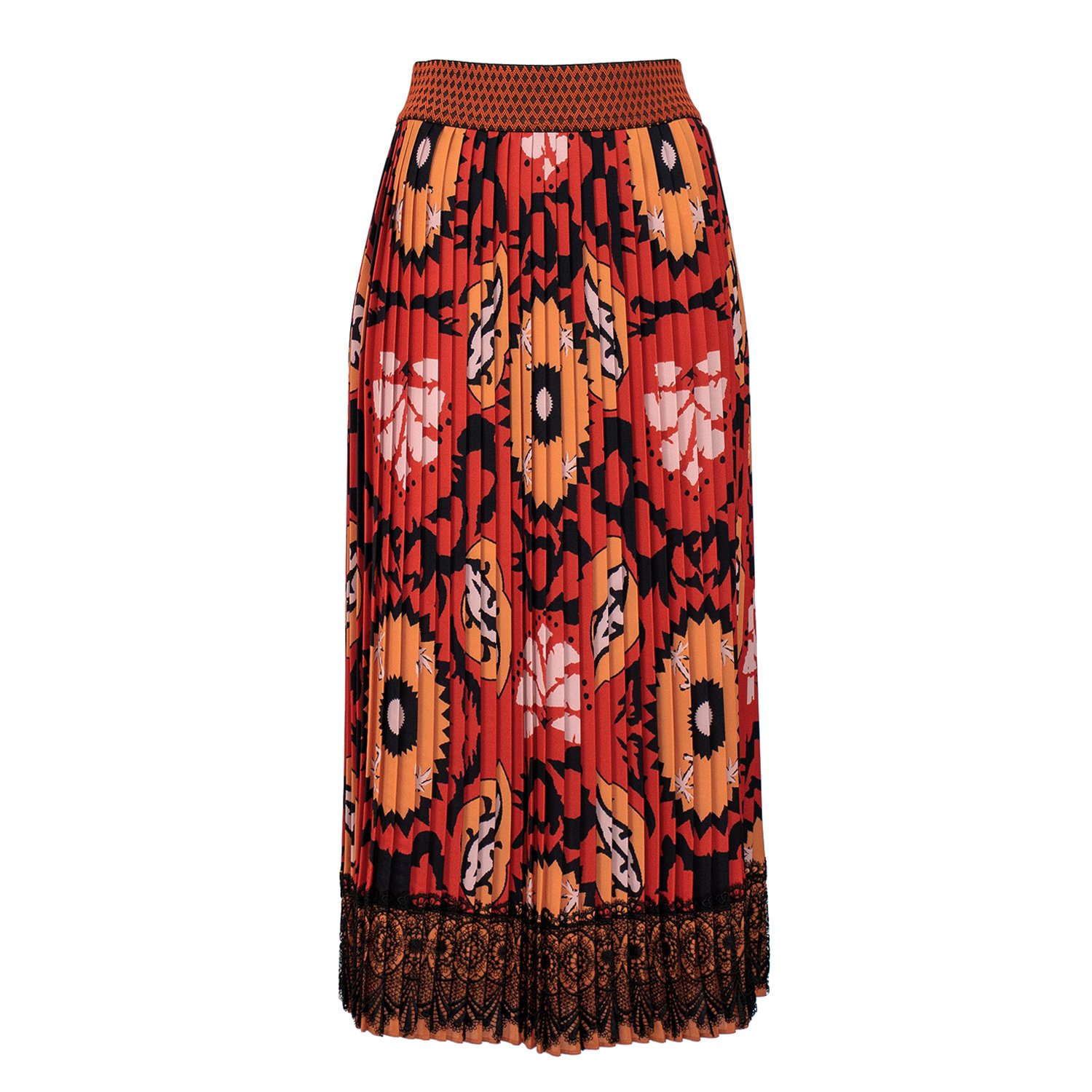 Maxi Pleated Skirt With Guipure Lace At The Hem