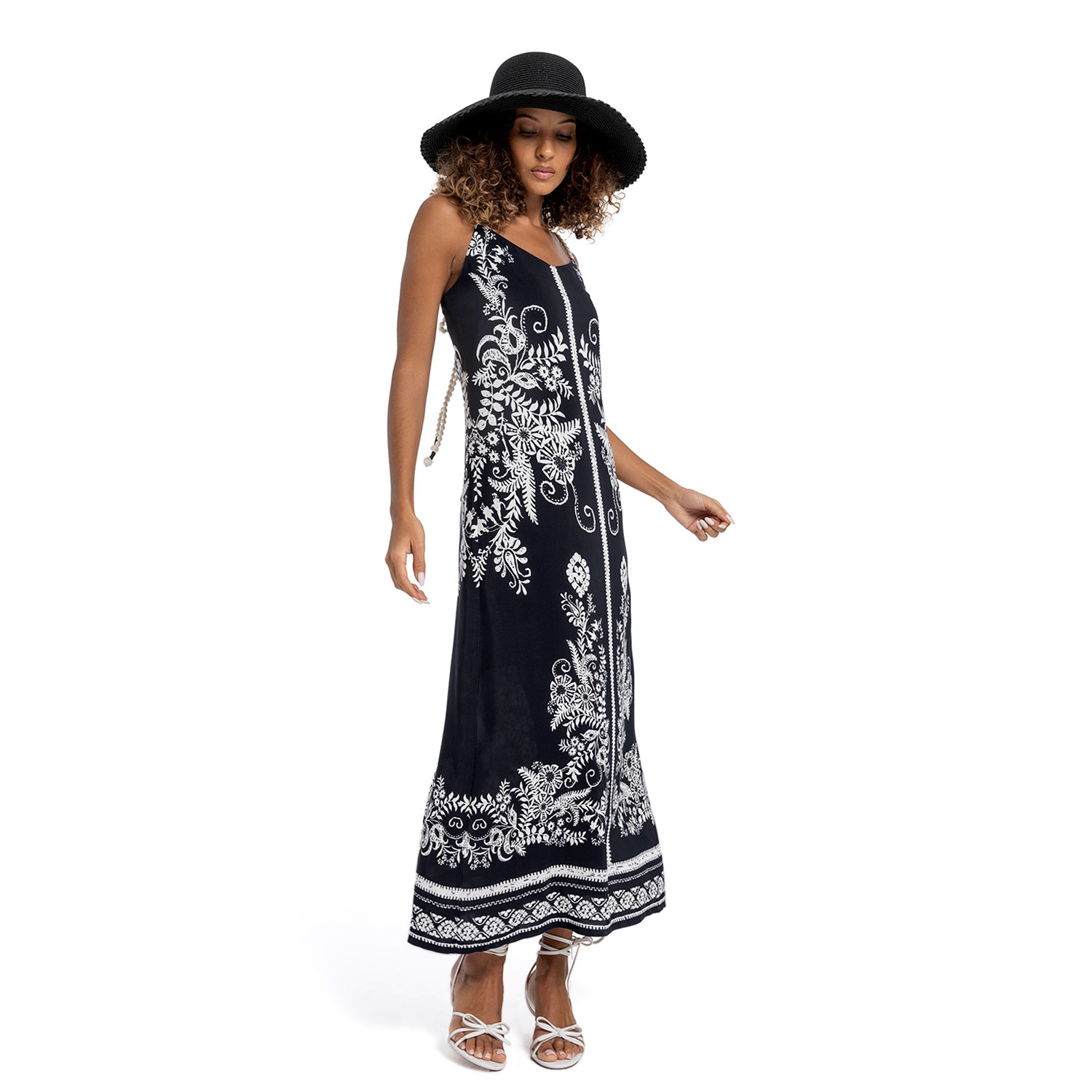 Black And White Floral Tapestry Midi Dress