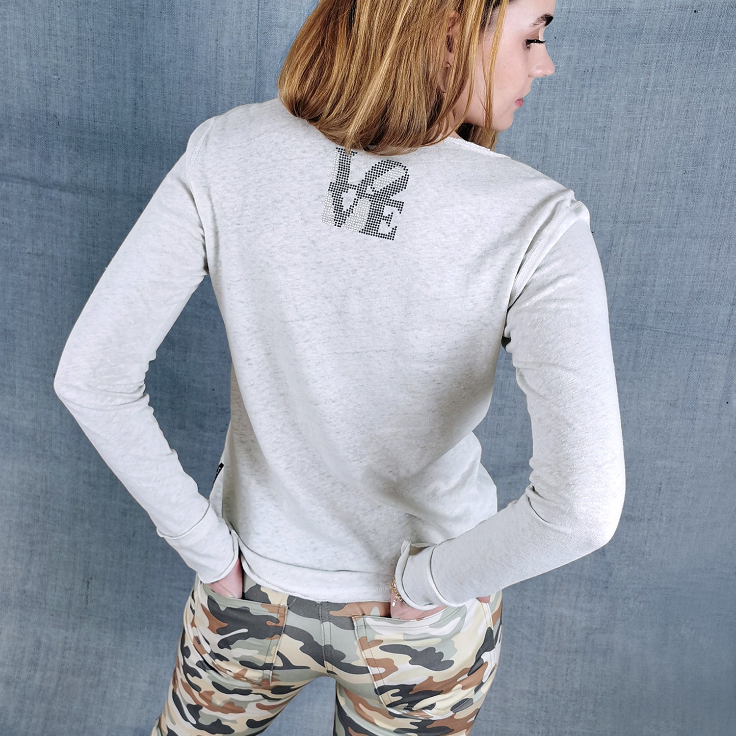 Long Sleeve T-Shirt With A Rhinestone Love On The Back