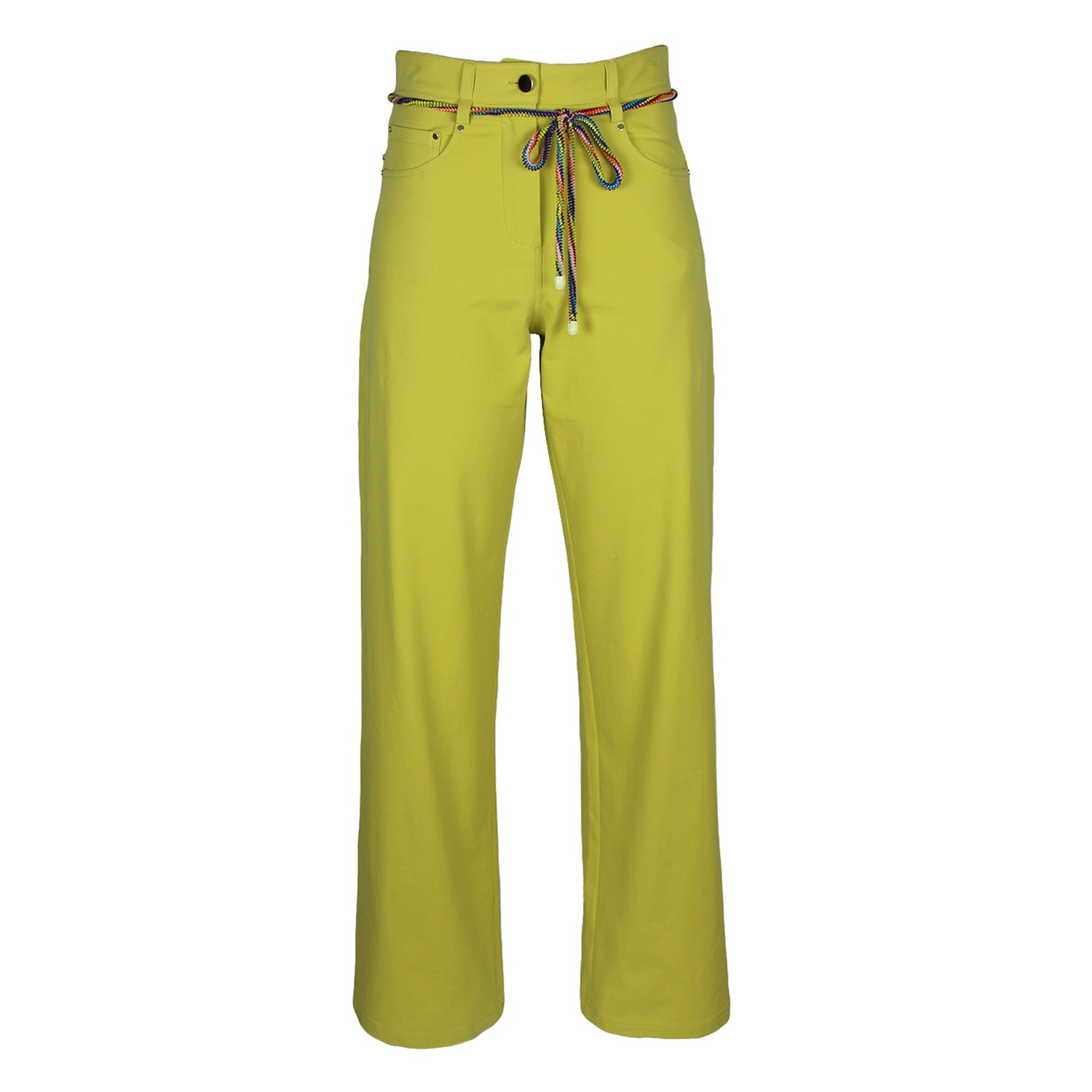 Wide-Leg Lime-Green Cotton Pants With Detachable Colorful Cord Belt
