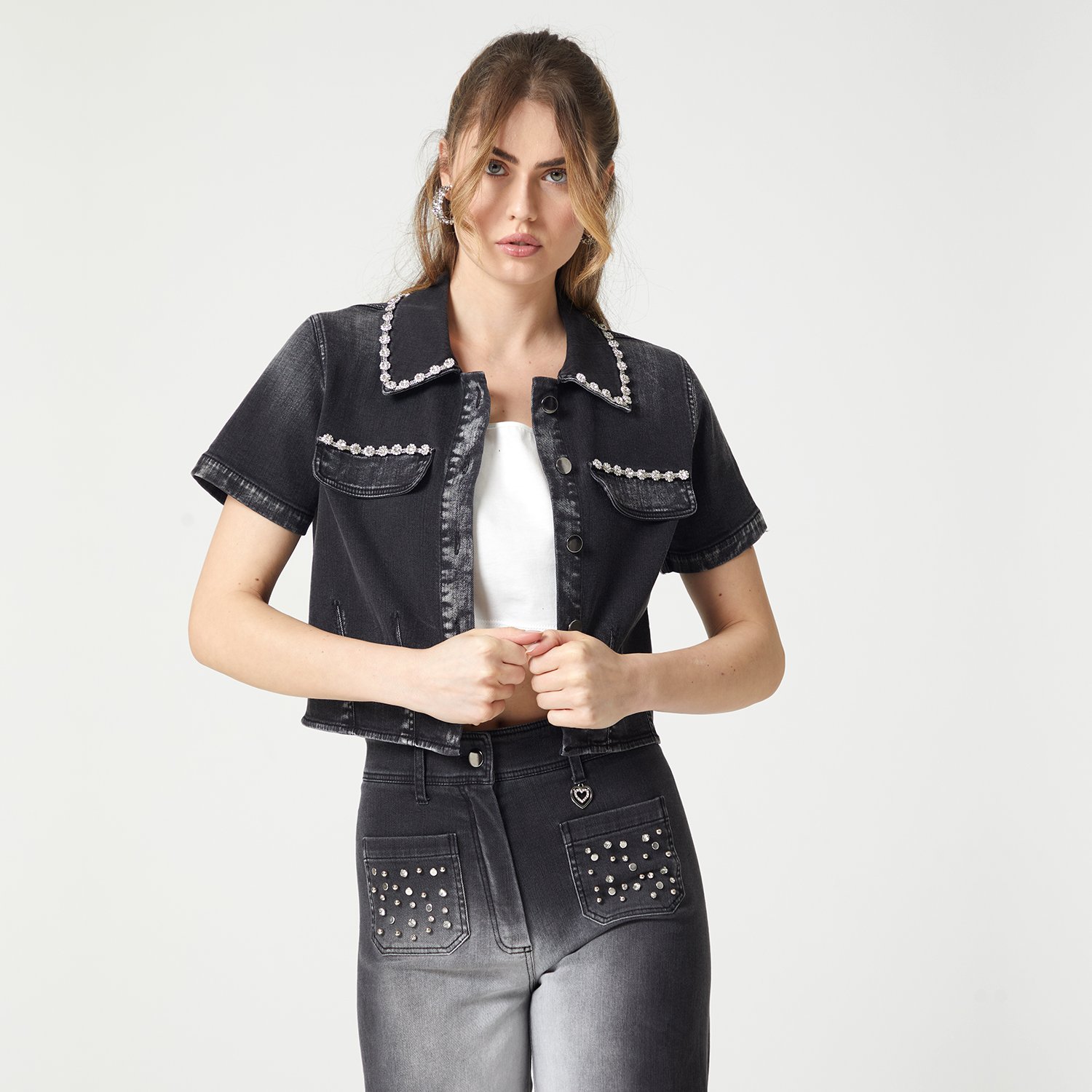 Hand Stitched Crystal Embellished Black Denim Cropped Jacket