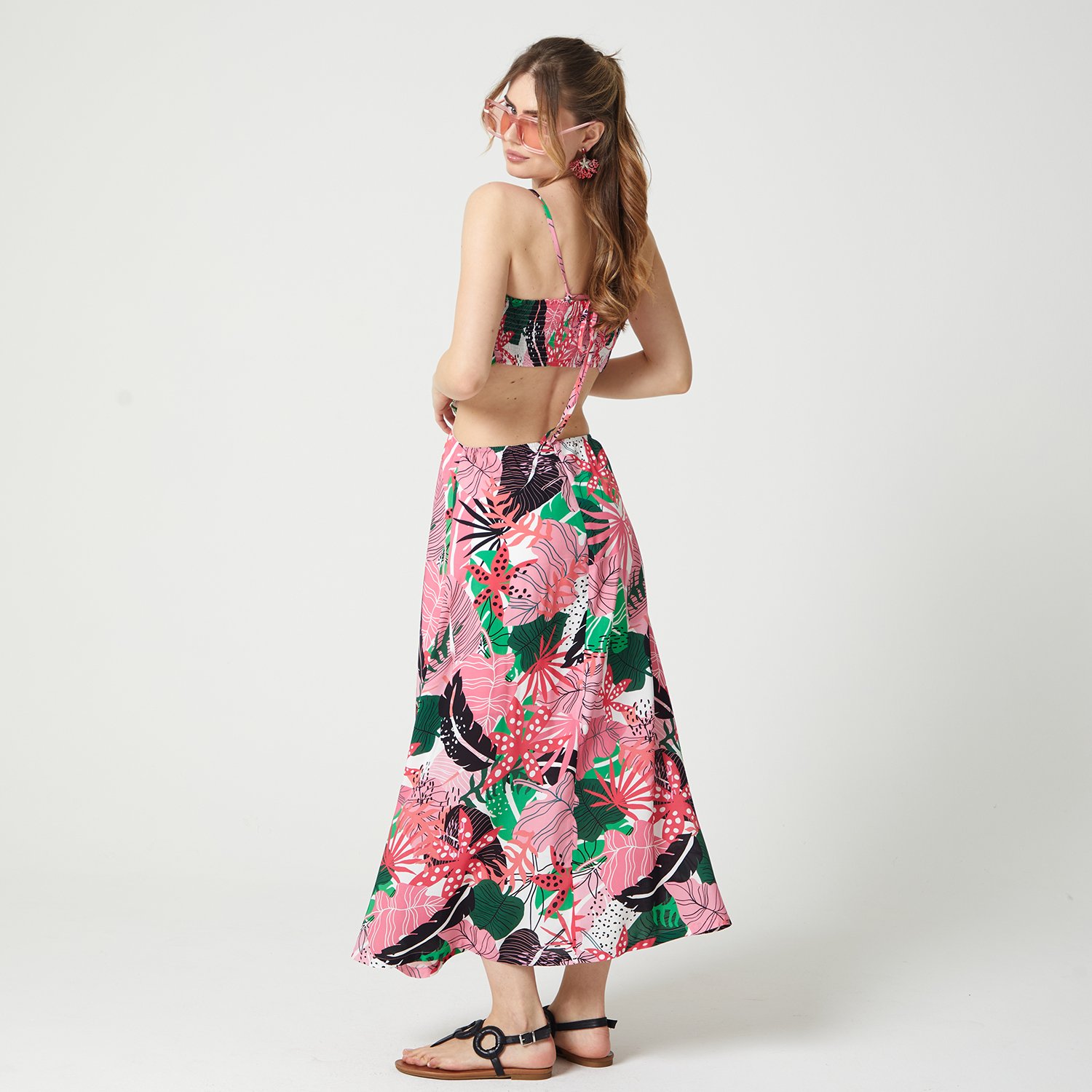 Palm-Leaf Embroidered Ribbed Cut-Out Dress